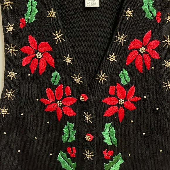 Arriviste cardigan knit vest small black ugly Christmas sweater poinsettias - Picture 2 of 10
